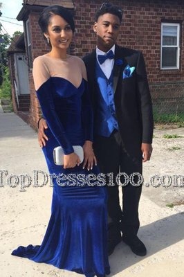 Glamorous Mermaid Bateau Long Sleeves Evening Dress Sweep Train Lace Royal Blue Satin