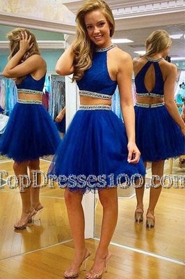 Sumptuous Halter Top Sleeveless Knee Length Beading Zipper Party Dresses with Royal Blue