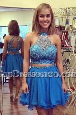 Gorgeous Organza Halter Top Sleeveless Zipper Beading Cocktail Dresses in Blue