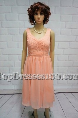Peach Lace Up Custom Made Ruching Sleeveless Knee Length