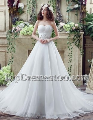 Sleeveless Beading Lace Up Wedding Dresses with White Court Train