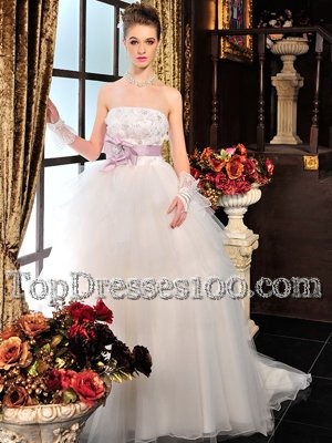 Sweet Beading and Bowknot Wedding Dresses White Lace Up Sleeveless