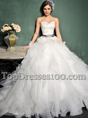 White Sleeveless Brush Train Beading and Ruffles and Belt Wedding Dresses