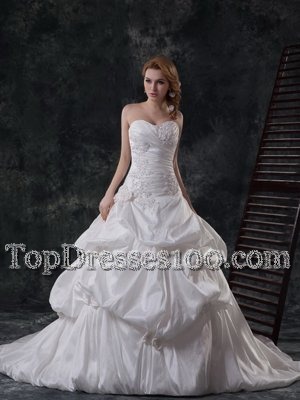 Dramatic White Taffeta Lace Up Wedding Gowns Sleeveless With Brush Train Beading and Appliques and Pick Ups