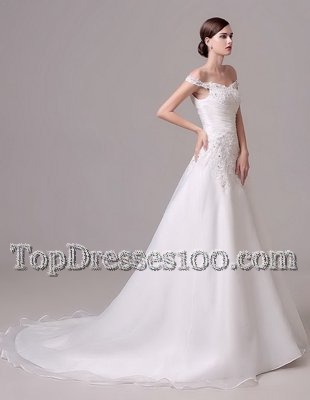 Enchanting Off the Shoulder White Bridal Gown Organza Court Train Sleeveless Beading and Appliques and Ruching