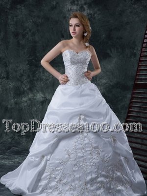 Custom Fit Sweetheart Sleeveless Taffeta Bridal Gown Beading and Embroidery Brush Train Lace Up