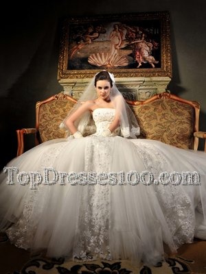 Custom Fit With Train White Wedding Dress Tulle Sleeveless Beading and Lace