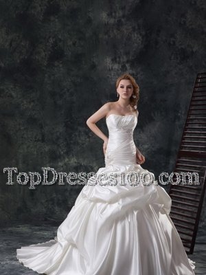 Vintage Mermaid White Sleeveless Beading and Ruching and Pick Ups Lace Up Wedding Dress