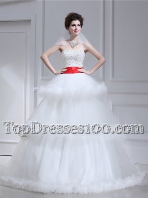 White A-line Tulle Strapless Sleeveless Beading and Ruffled Layers With Train Lace Up Bridal Gown Brush Train