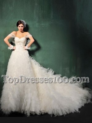 White Cap Sleeves With Train Beading and Ruffles Backless Bridal Gown
