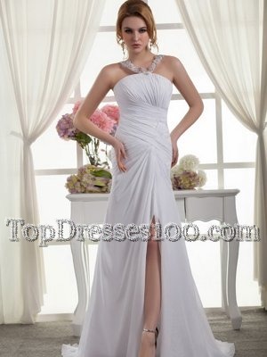 Sleeveless Court Train Ruching Zipper Wedding Gowns
