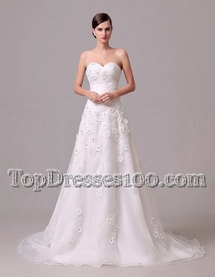 White Empire Sweetheart Sleeveless Chiffon With Brush Train Lace Up Appliques and Hand Made Flower Wedding Gowns