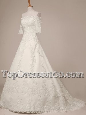 Cute White Scalloped Zipper Lace Wedding Gowns Sweep Train Half Sleeves
