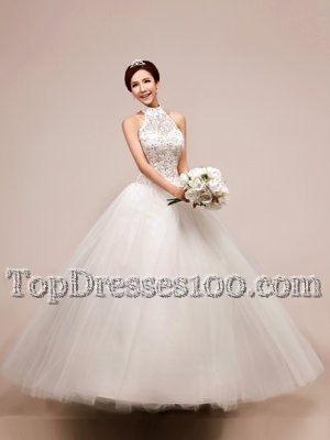 Sweet Halter Top White Ball Gowns Beading and Appliques Wedding Dress Lace Up Tulle Sleeveless High Low