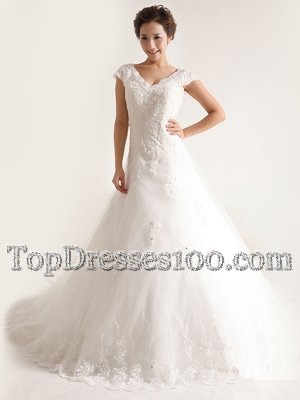 White A-line Lace and Appliques Wedding Gowns Lace Up Tulle Cap Sleeves With Train