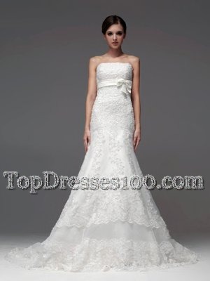 White Strapless Neckline Lace and Appliques Wedding Dress Sleeveless Lace Up