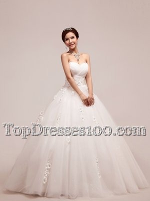 High Quality White Sleeveless Appliques and Ruching and Hand Made Flower Floor Length Bridal Gown