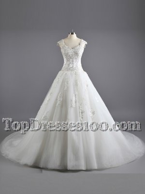 Court Train A-line Wedding Gown White Straps Tulle and Lace Cap Sleeves Floor Length Lace Up