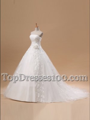 Tulle Sleeveless With Train Bridal Gown Court Train and Lace and Appliques and Hand Made Flower