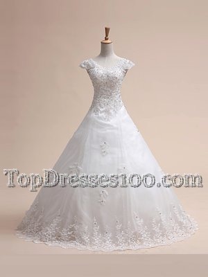 Ideal Sleeveless Court Train Beading and Appliques and Bowknot Lace Up Wedding Dress