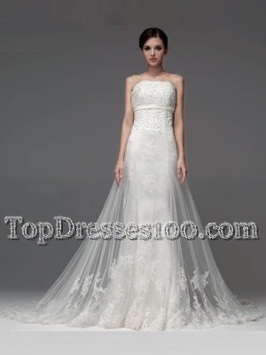 Edgy White Sleeveless Brush Train Lace and Appliques With Train Wedding Gowns