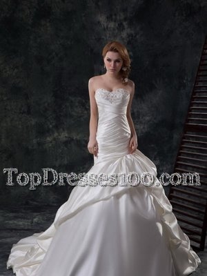 Luxurious Mermaid White Sleeveless Court Train Beading and Ruching Wedding Dresses