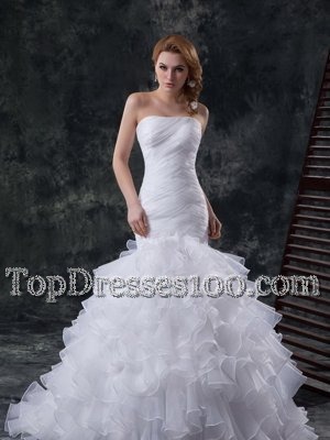 Perfect Mermaid White Sleeveless Organza Brush Train Lace Up Bridal Gown for Wedding Party