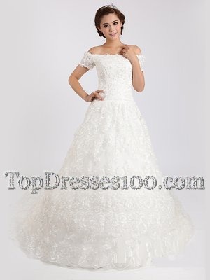 Off the Shoulder With Train A-line Short Sleeves White Wedding Dresses Court Train Lace Up