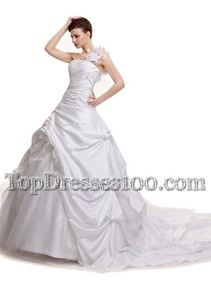 White Lace Up Wedding Gown Ruching and Pick Ups Sleeveless With Train Court Train