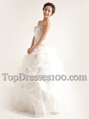 White A-line Strapless Sleeveless Organza Floor Length Zipper Beading and Ruffles Wedding Dress