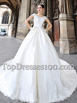 White Off The Shoulder Neckline Beading and Lace and Appliques Wedding Gowns Cap Sleeves Side Zipper