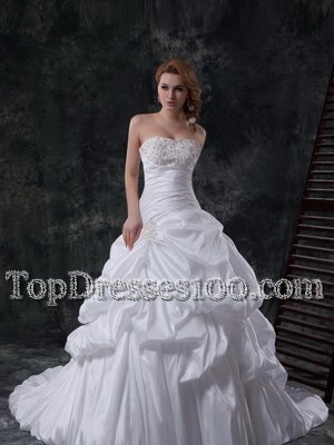 Pick Ups Brush Train A-line Bridal Gown White Sweetheart Taffeta Sleeveless With Train Zipper