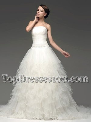 Sumptuous White Lace Up Strapless Beading and Ruffles Wedding Dress Tulle Sleeveless Sweep Train