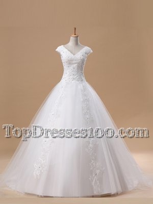 Dramatic White A-line Beading and Appliques Wedding Dress Lace Up Tulle Short Sleeves With Train