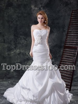 Beautiful Mermaid White Taffeta Lace Up Wedding Dress Sleeveless With Brush Train Beading and Pick Ups and Hand Made Flower