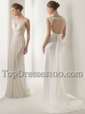White Sleeveless Brush Train Ruching With Train Bridal Gown