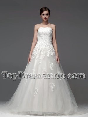 Decent Strapless Sleeveless Wedding Dress Brush Train Appliques White Tulle
