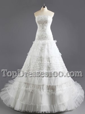 White Lace Up Strapless Beading and Appliques and Ruffled Layers Bridal Gown Organza Sleeveless Court Train