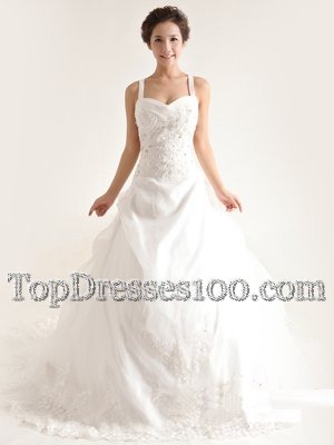 Modern Lace With Train White Wedding Dress Straps Sleeveless Brush Train Criss Cross