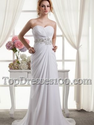 Excellent Chiffon Sleeveless Wedding Gown Sweep Train and Beading and Ruching
