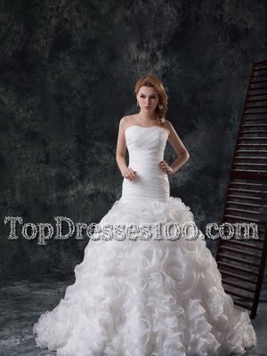 Sumptuous Sleeveless Taffeta Court Train Lace Up Bridal Gown in White for with Beading and Appliques and Ruching and Pick Ups