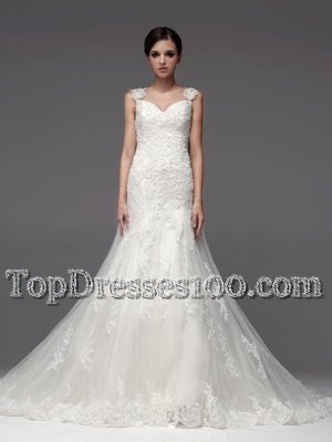 Shining White Bridal Gown Wedding Party and For with Lace and Appliques Straps Sleeveless Brush Train Lace Up