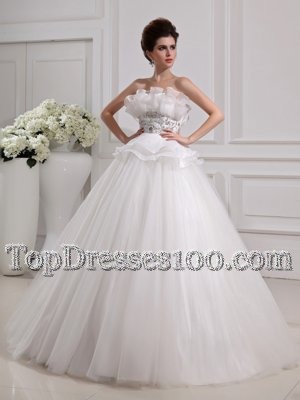 Best Selling White Strapless Zipper Beading Wedding Gown Sleeveless