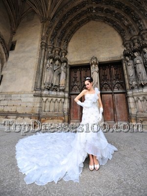 Lovely One Shoulder Sleeveless Cathedral Train Lace Lace Up Wedding Gowns