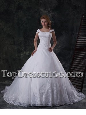 White Ball Gowns Off The Shoulder Cap Sleeves Organza With Brush Train Lace Up Beading and Lace and Embroidery Wedding Gown