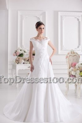 Charming Off the Shoulder White Sleeveless Satin Court Train Zipper Wedding Dress for Wedding Party