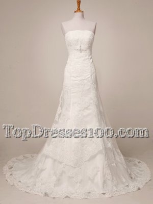 Discount Brush Train A-line Wedding Dress White Strapless Lace Sleeveless Floor Length Lace Up