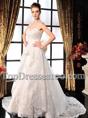 White A-line Taffeta Strapless Sleeveless Hand Made Flower Side Zipper Bridal Gown Brush Train