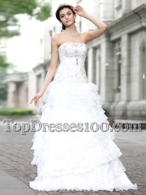 Elegant Pick Ups With Train A-line Sleeveless White Wedding Gown Court Train Lace Up
