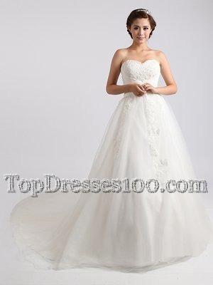 Luxury Sleeveless With Train Beading and Appliques Lace Up Bridal Gown with White Court Train